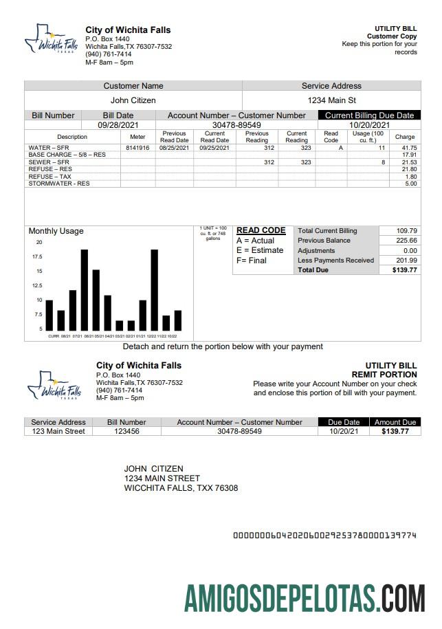 Para baixar modelo de conta de serviços públicos da cidade de Wichita Falls nos EUA em formato Word e PDF